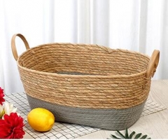 storage basket gift basket made of rush with faux leather handle