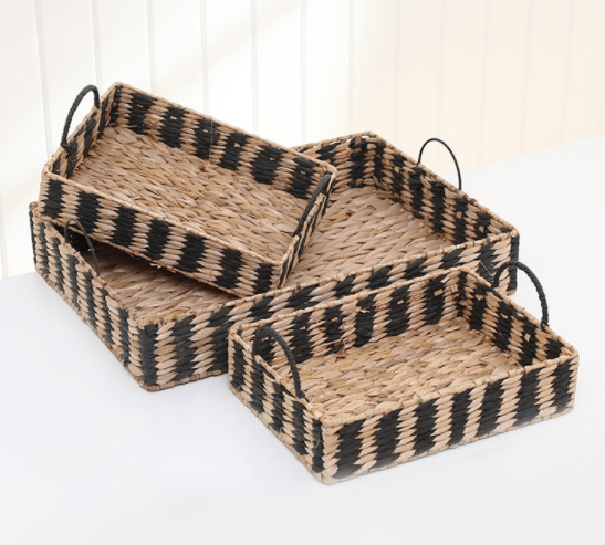 hand woven natural and black rush and paper storage basket gift basket with metal frame