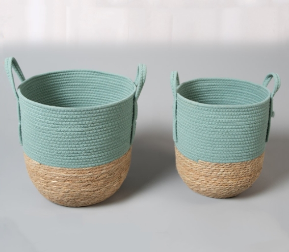 hand woven rush and cotton rope storage basket laundry basket