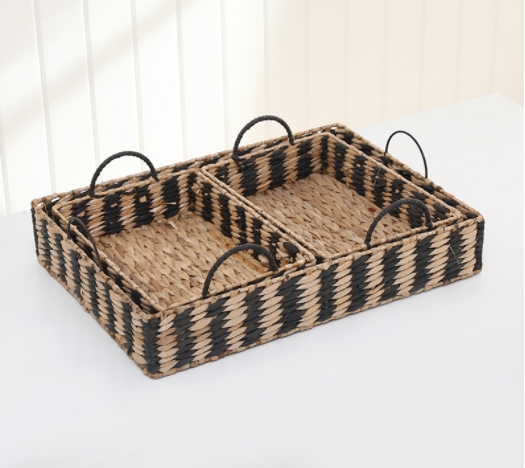 hand woven natural and black rush and paper storage basket gift basket with metal frame